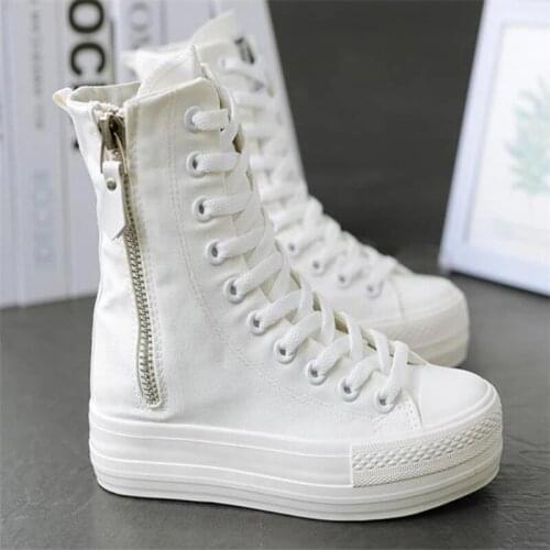 Women Sneakers High Top Flat Canvas Shoes with Zip Side Canvas Shoes Flat Woman Platform Leisure Boots