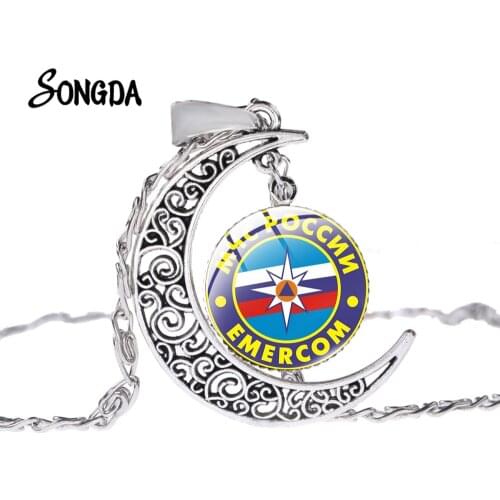 МЧС РОССИИ EMERCOM Necklace Classic Russia Symbol 3D Printed Glass Cabochon Hollow Design Half Moon Pendant Long Chain Necklace