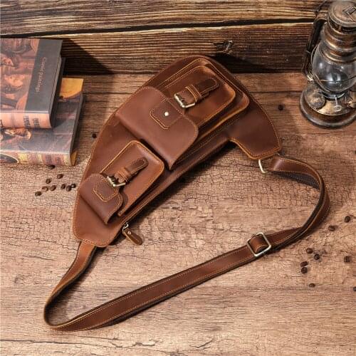 Genuine Leather Mens Chest Bag Top Layer Cowhide Shoulder Bag Fashion Casual Sports Messenger Large Capacity Mobile Phone Bag