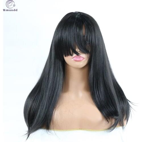Wmandd 22 Inches Natural Wave Jet-Black Synthetic Hair Wigs None Lace Front Wigs With Bangs For Black Women Machine Made