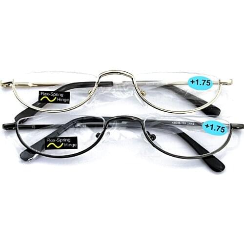 Half Moon Rim Reading Glasses Semi-rimless Reader for Normal Sight And Reading Lightweight Metal Frame Spring Hinge
