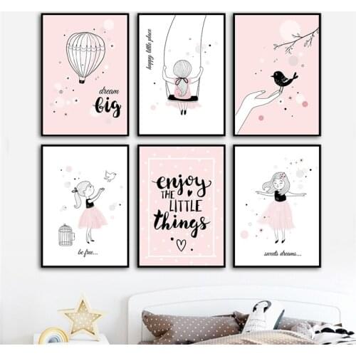 Pink Baby Girl Swinging Room Decor Nordic Cartoon Angel Girl and Bird Children Room Posters Prints Wall Art Canvas Paintings