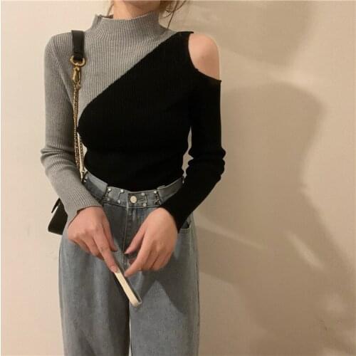 RUGOD patchwork off-shoulder elegant termperament sweater chic retro basic thicken pullovers 2020 winter fashion new tops