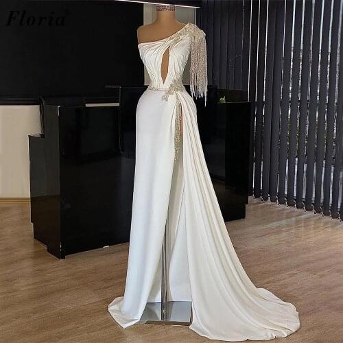 Middle East White Prom Dresses Mermaid One Shoulder Evening Dresses Long Sexy Cocktail Party Gowns With Tassels Beading Vestidos