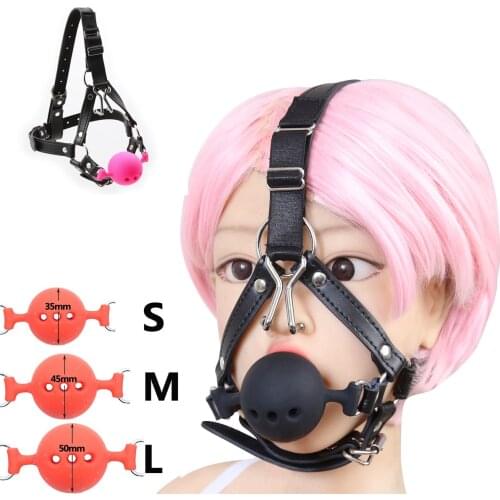 Head Harness with Nose Hook Ball Gag Fetish BDSM Bondage Restraint Silicone Open Mouth Gag Adult Games Products Sex Toys