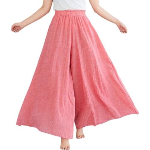 Womens Wide-leg Hakama Spring and Summer New Product Retro Literature and Art Elastic Waist Double-layer Casual Pants