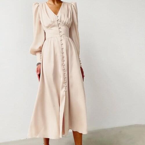 2021 Autumn New Fashion V-neck Solid Lantern Sleeve Elegant Women Button Dress High Waist Slim Casual Dresses Mujer Vestidos