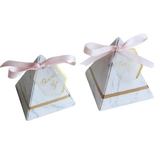 100Pcs Wedding Candy Box,Triangular Pyramid Marble Candy Box Europe Style Wedding Favors and Gifts Boxes with Ribbon