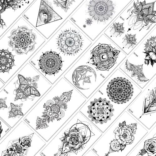 Black Henna Temporary Tattoos Mandala Flower Body Art Drawing Chest Wasit Tattoos Paper For Adult Waterpoof Realistic Sticker