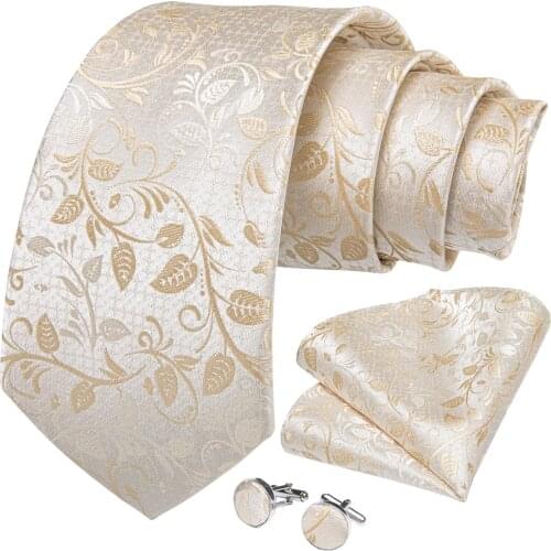 DiBanGu Mens Tie Light Champagne Floral Silk Wedding Tie For Men Hanky Cufflink Tie Set Fashion Bussiness Party Dropshipping