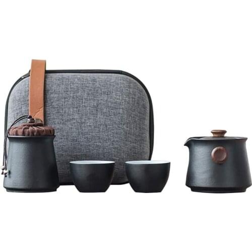 Travel Ceramic Tea Set Sandalwood Handle Teacups Set with Tea Caddy and Double-layer Anti-collision Cloth Bag