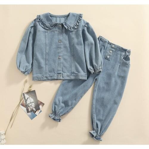 Lioraitiin 0-6Years Toddler Girl’s Denim Coat Trousers Suit Fashion Solid Color Long Sleeve Jacket and Long Pants