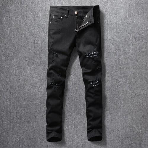 Streetwear Casual Denim Punk Pants Black Color Elastic Slim Fit Fashion Men Jeans Patches Designer Hip Hop Ripped Jeans For Men
