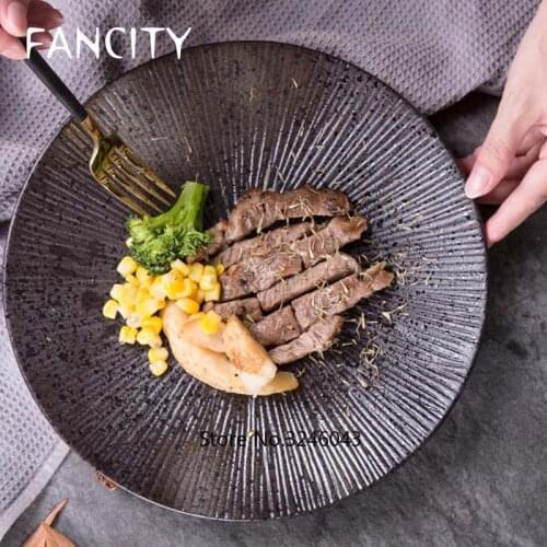 FANCITY Japanese ceramic western dish Pasta steak dish Round dish fruit bowl Creative black scrub tableware plate set
