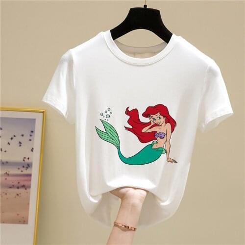 2021 New Ariel Princess Mermaid Print T Shirt 90s Harajuku Summer Casual Womens Tshirt Oversized T-shirt Disney Ropa Mujer