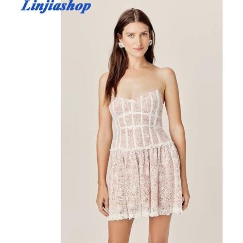 Fashion summer autumn party dress women backless flare front bow sexy strapless sleeveless lace mini dress femme vestidos