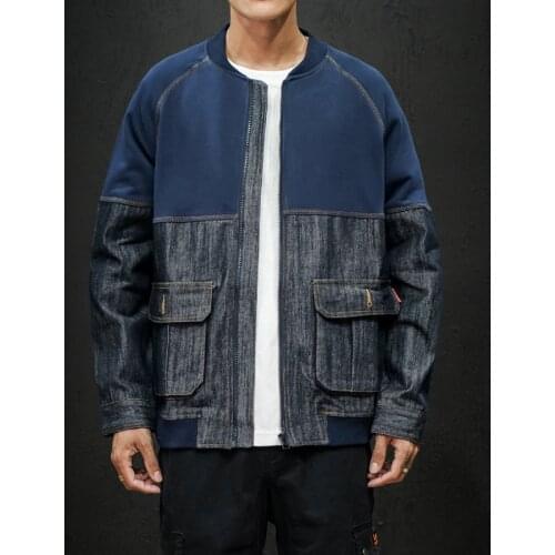 Mens Fashion O-neck Autumn Denim Patchwork Personality Design Casual Jacket Long Sleeve Shirt Youth Men Tops 6682