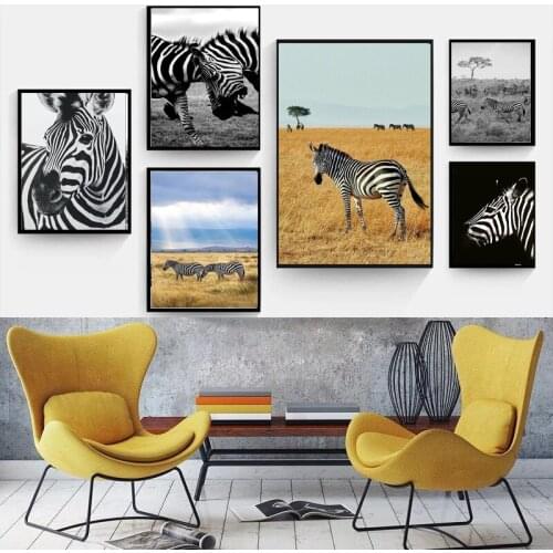 Zebra Grassland Natural Scenery Printed Posters Black And White Wildlife Close-up Canvas Painted Wall Art Living Room Decoration