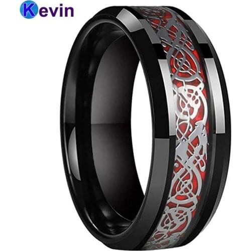 Men Women Black Ring Tungsten Wedding Band With Red Carbon Fiber And Original Color Dragon Inlay 8MM Comfort Fit