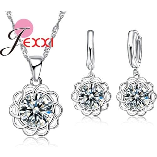 Charm Women Bridal Jewelry Sets 925 Sterling Silver Anniversary Engagement Accessory Sunflower Necklace Hoop Earrings Set