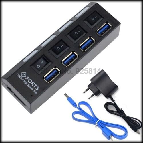 By DHL or EMS 100 pcs New 4 Ports With On/Off Switch For Desktop Laptop EU AC Power Adapter USB 3.0 HUB