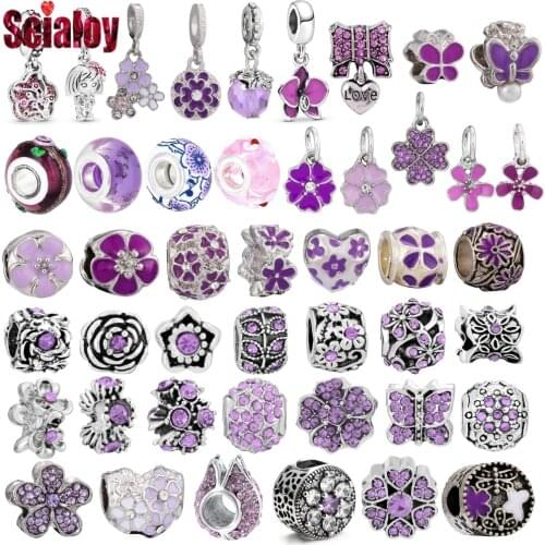 Seialoy 2pcs/lot Purple Butterfly Flower Beaded Peach Blossom Daisy Dangle Charm Magnolia Pendant Fit Brands Bracelets Making
