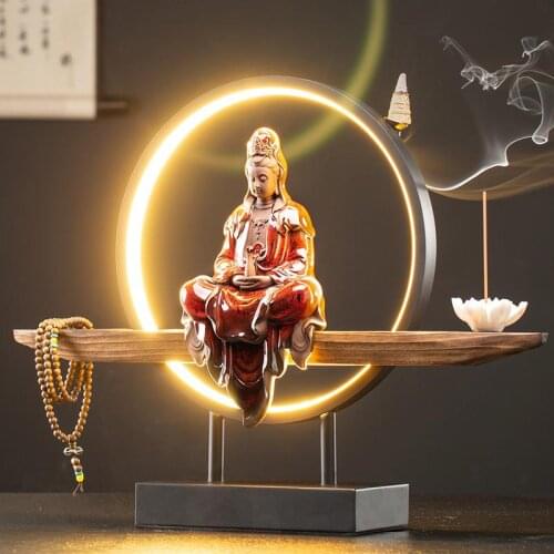 Guanyin Bodhisattva Statue Backflow Incense Burner Holder With 20 Pc Cones Chinese Style Ceramic Zen LED Lighting Decoration