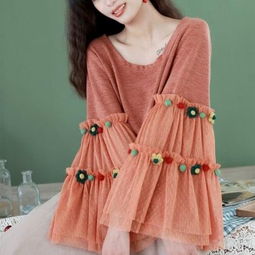 Ethnic Style Princess Flare Sleeve Flower Sweater Sweet Mori Girl Harajuku Knit Sweater Pullover Women Top Sweater Autumn Winter
