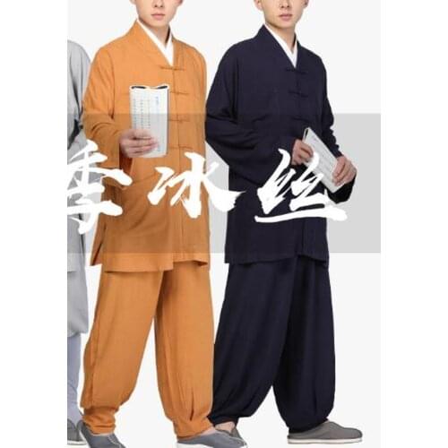 Unisex 7color high quality ice silk buddha shaolin monk kung fu wushu suits Sangha meditation uniforms zen lay clothing