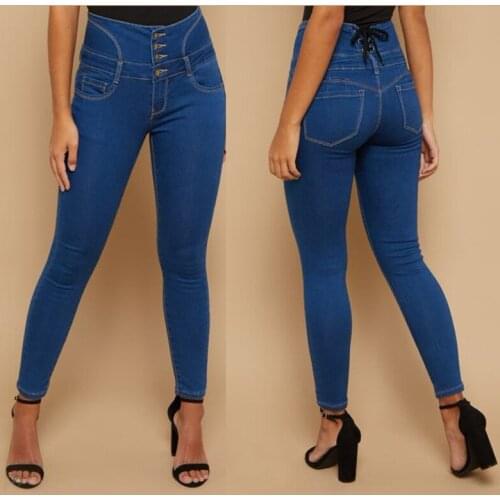 Vintage High Waist Jeans 4-breasted Back Drawstring Denim Tight Pencil Pants Royal Blue Young Womens Casual Trousers