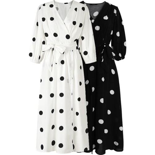 PERHAPS U Black White Polka Dot Dress V Neck 3/4 Sleeve Maxi Long Dress Summer Casual Chiffon Sash D0561