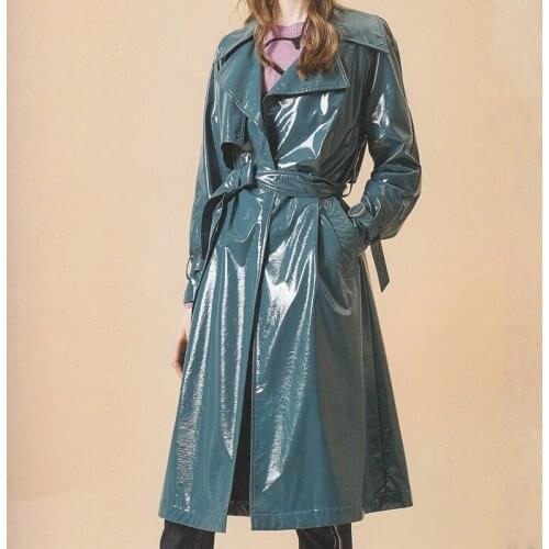 Spring Autumn New OL Style Fashion Slim Windbreaker Coat For Women Lapel Lace Up Long Trench Bright Face PU Leather Jacket Y1278