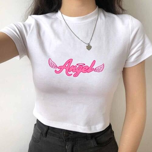 Women Angel Letter Printed Tees Summer Short Sleeve T-Shirts Fashion Slim Crop Top Casual Outdoor Dance Short Cropped Tops