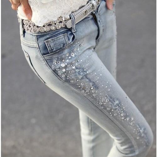 Ladies rhinestone Diamond denim jeans Patns Ripped Womens Vintage long trousers light blue Skinny Stretchy Pencil Pants
