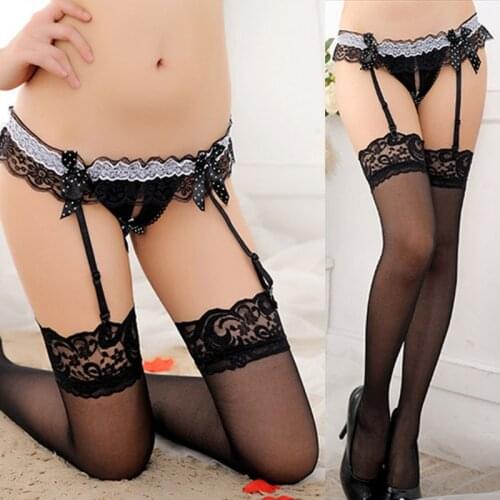 Adult Games Womens Crotchless Underwear Double Lace Polka Dot Bowknot Faux Pearl G-String With Garter Suspender Belts Stockings