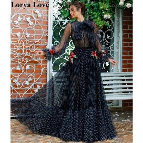 Black Illusion Maxi Prom Dresses 2020 Women Elegant Party Night Long Sleeves Vestidos Gala Sexy Robes Cheap Tulle Evening Dress