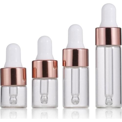 100Pcs 1/2/3/5 ML Clear Glass Essential Oil Aromatherapy Dropper Bottles Rose Gold Cap Reagent Drop Eye Liquid Pipette Bottle
