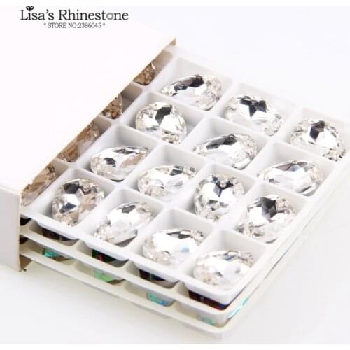28Pcs 13x18mm 10x14mm Crystal AB, ClearTeardrop Stones Sew On Pointback Applique Strass Stones For DIY Wedding Dresses Crafts