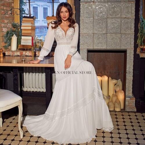 ADLN Boho Wedding Dress Full Sleeves Chiffon Beach Wedding Gown V-neck Backless Plus Size Bridal Gown Robe de Mariage