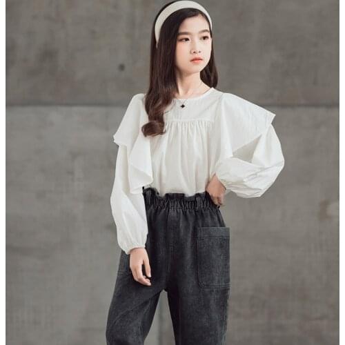 Big Girls White Loose Shirts Long Sleeve Cotton Elegant Blouse for 10 12 13 14 15 years Spring Autumn Teen Girls Tops