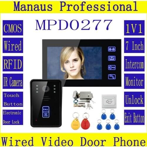 7" RFID Video Door Phone Intercom Doorbell Touch Button Remote Unlock Night Vision + Metal Electronic Door Lock System Kit D277a