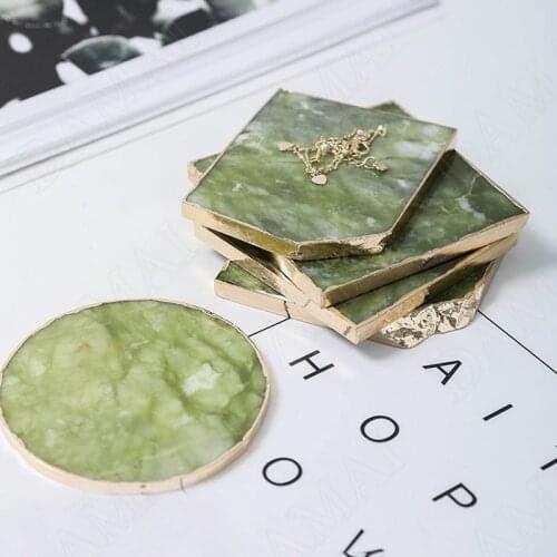 European Natural Jade Coasters Golden Stroke Dining Table Insulation Pads Afternoon Tea Cake Tray Creativity Home Decoration