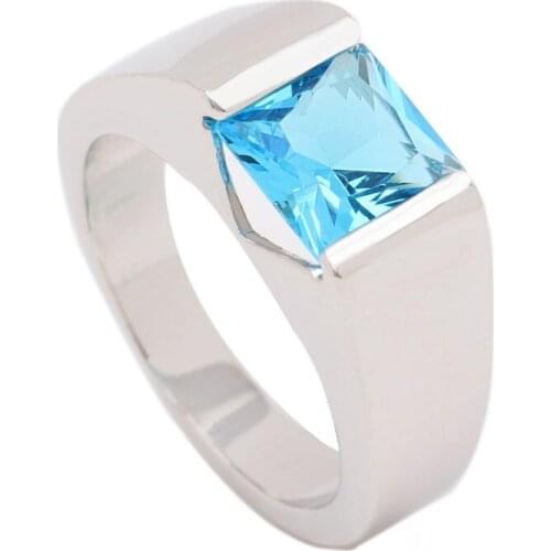 Hainon Fashion Mens Clear Blue Cubic Zirconia Ring Silver Color Men Wedding Engagement Band Jewelry Gift for Fathers Day