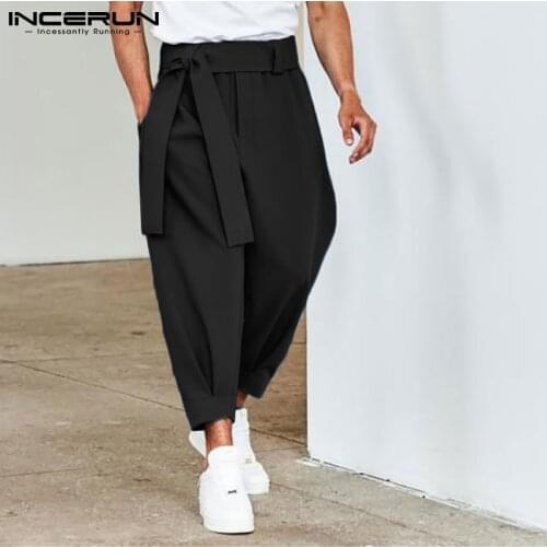 INCERUN 2021 New Mens Fashion Solid Color Pants Drawstring Casual Harem Trouser Chinomens Loose Wide Leg Pants Trousers S-5XL