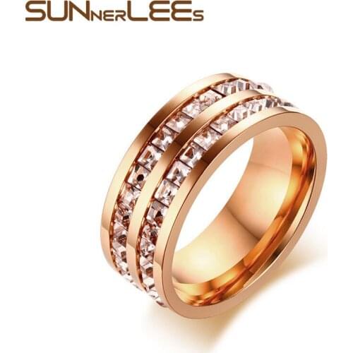 SUNNERLEES Titanium Stainless Steel Rings 8mm Cubic Zirconia Ring Silver Color Gold Plated Men Women Jewelry Gift R-374