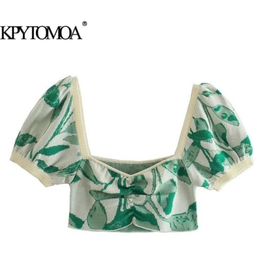 KPYTOMOA Women 2021 Fashion Gathered Detail Jacquard Knit Crop Blouses Vintage Puff Sleeve Elastic Trims Female Shirts Chic Tops