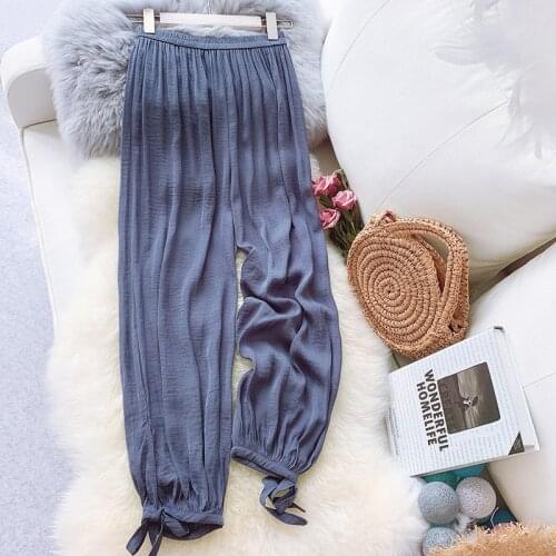 Cool trousers women summer ice silk sunscreen pants loose-mouthed cupro wide-leg pants bloomers island silk mosquito pants