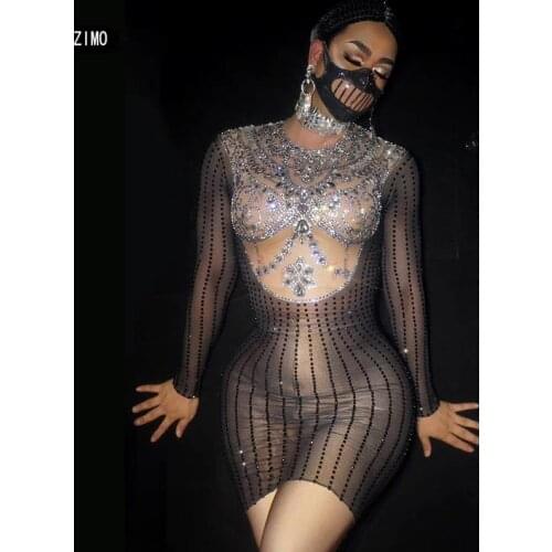 Sparkly Silver Rhinestone See through Dress Womens Black Long Sleeves Bar nightclub party Dancer Show Birthday nightclub Outfit