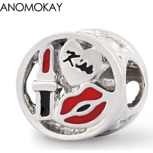 Anomokay New Hollow Out Red Lipstick Charm fit Bracelets Necklaces Round Red Lips Enamel Beads for Women Girl Gift 2 Pcs/Lot
