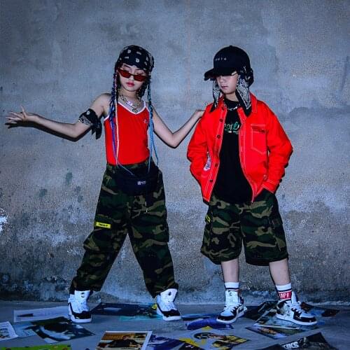 New Red Top Camouflage Pants Hiphop Outfits For Boys Jazz Performance Costumes Girls Modern Dance Hip Hop Rave Clothes DQS7277